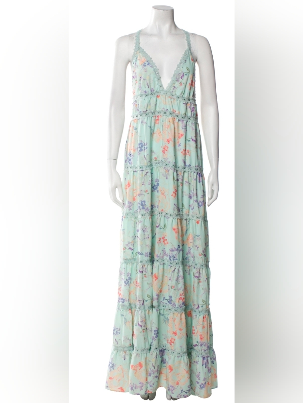 Alice + Olivia Green Floral Lace Maxi Gown Sleeveless V-Neck New With Tags!